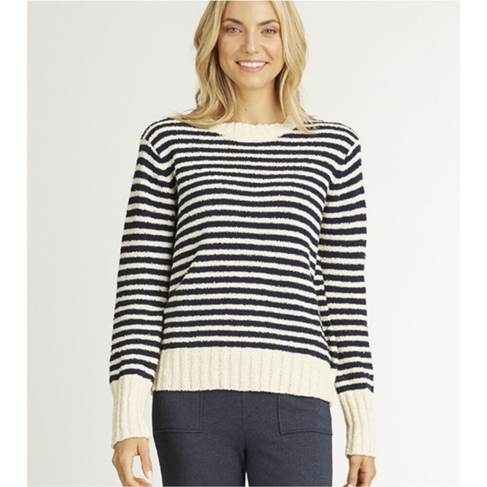 White Blue Striped Sweater Organic Cotton Indigenous Large Soft Cozy